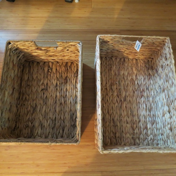 Container Store Water Hyacinth Basket Bins with Handles Natural Set of 2 - Picture 1 of 4